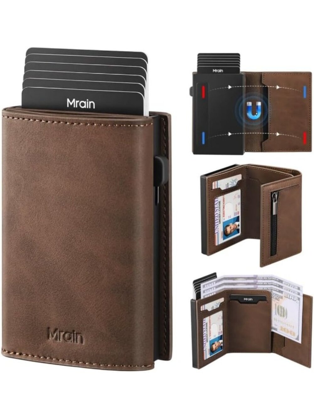 Slim Minimalist Men's Wallet with Coin Pocket, RFID Blocking, Pop-Up Card Holder